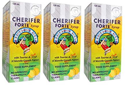 3 CHERIFER Forte Syrup w/Taurine & Double Chlorella Growth Factor + Zinc 120ml