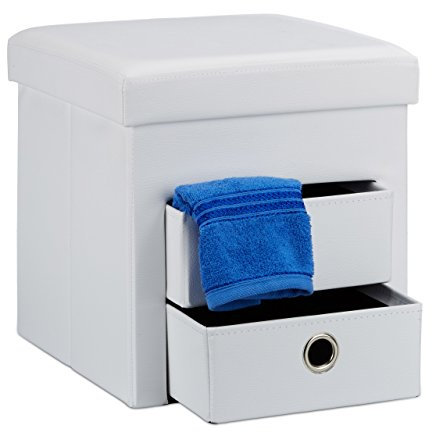 Relaxdays faltbarer Sitzhocker mit Stauraum und 2 entnehmbaren Fächern HBT ca. 38 x 38 x 38 cm Sitzwürfel aus Kunstleder zum Falten mit Aufbewahrung Ottomane mit entnehmbaren Körben Sitzhocker, weiß