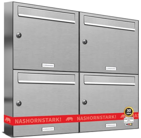 AL Briefkastensysteme 4 er Briefkastenanlage Edelstahl, Premium Briefkasten DIN A4, 4 Fach Postkasten modern Aufputz