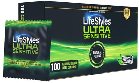 LifeStyles Ultra Sensitive Premium Lubricated Natural Latex Condoms Value Pack - 100 Count, 1 Pack - Triple Tested for Best Protection, Made with UltraGlide Silicone Lube