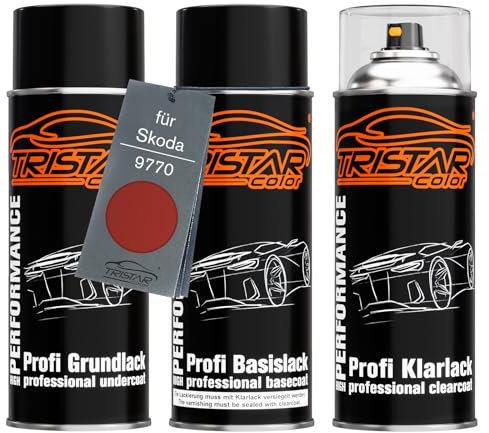 TRISTARcolor Autolack Spraydosen Set für Skoda 9770 Cayenne Orange Metallic Grundlack Basislack Klarlack Sprühdose 400ml