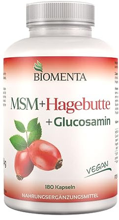 BIOMENTA MSM + Hagebutte + Glucosamin – 180 allergenfrei Kapseln hochdosiert mit 1.200mg Organischem Schwefel Pulver + 794mg Glucosaminsulfat + 300mg Hagebutteextrakt/Tag - vegan - Premiumqualität