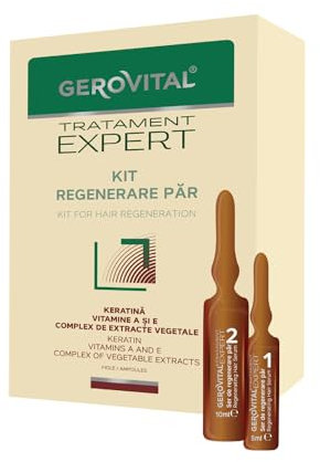 Kit Siero Rigenerante Capelli con Cheratina, Vitamina A ed E, Rinforza, Previene la Caduta, Stimola la Crescita, 10 fiale x 5 ml / 10 fiale x 10 ml, Gerovital Tratament Expert