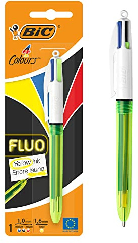 BIC 4 colores Fluo bolígrafos Retráctiles - Tinta Negra, Azul, Rojo y Amarillo Fluorescente, Blíster de 1 Unidad