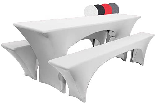 Beautissu Edles Stretchhussen Set 3tlg. Victoria - Elastische Hussen für Bierzeltgarnitur 220x50 cm – Festliche Husse Biertisch + 2 Bierbank in Weiß