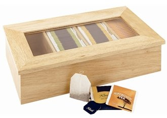 APS CB808 Tea Box, 4 Compartment, Light Wood With Plastic Window