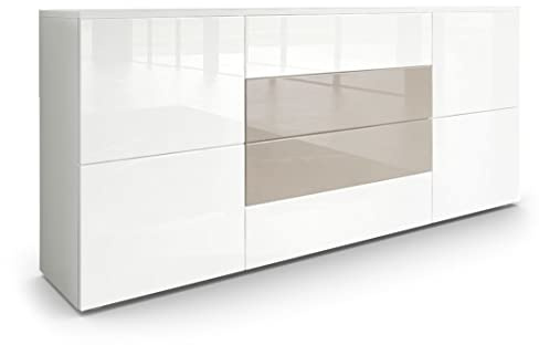 Vladon Buffet Rova, Commode avec 4 Portes et 4 tiroirs, Blanc Mat/Blanc Haute Brillance (166 x 72 x 35 cm)