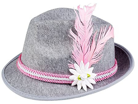 Boland - Hut Volksfest mit Bändern und Blume, Bayer, Bayerin, Tiroler, Accessorie, Kostüm, Karneval, Mottoparty, Grau-rosa