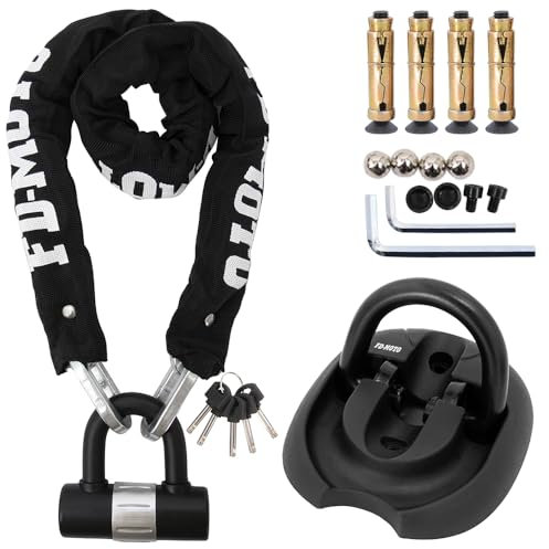 FD-MOTO 1.8M*10mm STEEL Heavy Duty Motorbike Motorcycle Chain Lock Padlock + Hardened Steel Ground Wall Chain Anchor