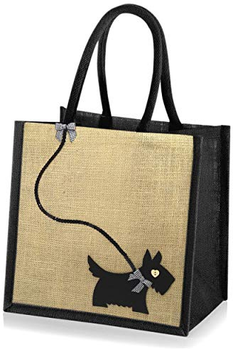 Jute Hessian Medium Black Trim Shopping Bag - Scottie Dog on Sequin Lead - 30x30x20cm (Black)