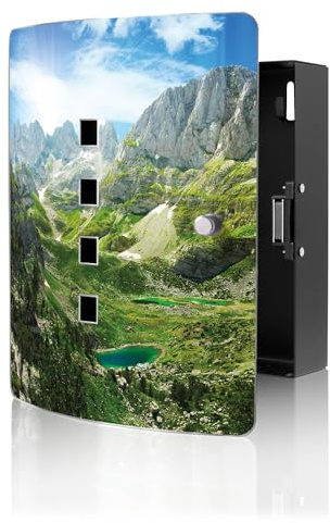 banjado Design Schlüsselkasten aus Edelstahl für 10 Schlüssel - Schlüsselschrank zur Schlüssel Aufbewahrung 24 x 21,5 x 7cm groß mit praktischem Magnetverschluss - Motiv Bergsee Alpen