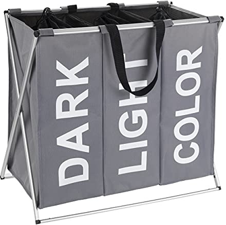 WENKO Contenedor para la ropa sucia Trio gris - 3 cámaras para la ropa, plegable Capacidad: 130 l, Poliéster, 63 x 57 x 38 cm, Gris