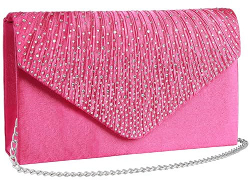 wocharm Womens Ladies Satin Diamante Clutch Bag Envelope Handbag Evening Bridal Bag Wedding Fashion Prom Vintage Shoulder Bags(Hot pink)