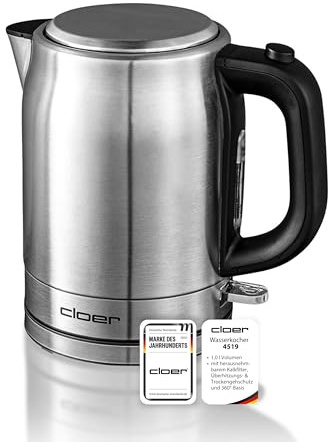 Cloer 4519 Bouilloire Elèctronique en acier inoxydable, Indication du niveau d‘eau, Socle 360°, Protection contre la surchauffe et la marche à vide, 1 litre, 2200 W, acier inoxydable mat