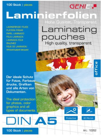 Genie 10262 Laminierfolien (glasklar; 80 Mikron für Formate bis zu DIN A5; geeignet für alle HeiÃŸlaminiergeräte) 100er Pack