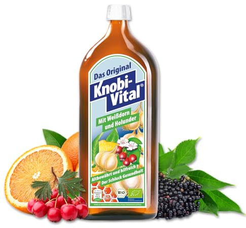 KnobiVital mit Weißdorn und Holunder Bio (960 ml) I Hochkonzentrierter Knoblauchsaft mit Thiamin für Energie, Nerven & Herz I Natürlich & ohne Zusätze