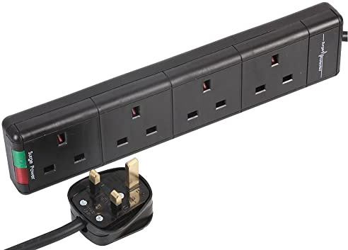 Pro Elec 4-Gang Surge Protected Extension Lead, Black, 5m Lead