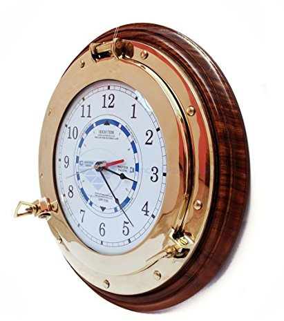 Nagina International Orologio Nautico delle Maree con Oblò in Ottone e Base in Legno - Decorazione per Casa Captain Maritime Beach Regalo (25,4 cm)