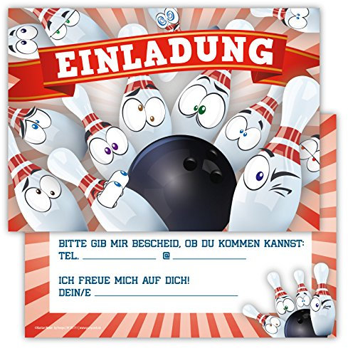 Partycards Einladungskarten Kindergeburtstag Mädchen Junge - 12 Karten - Bowling Design - A6 - Leicht zu Beschriften - Geburtstagseinladungen für Mädchen und Jungen - Perfekt für Feiern