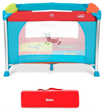 Parque Infantil ALUMINIUM 96x96 cm - Plegable, con Suelo Acolchado, Patas de Aluminio, Malla Transpirable y Bolsa de Transporte, Centro de Juegos Seguro para Bebés - Jungla de Colores Asalvo