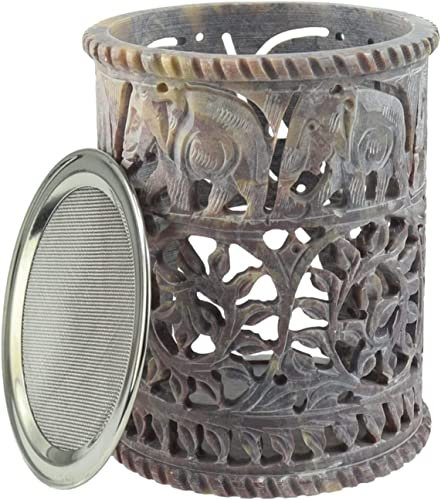 Budawi® Räucherstövchen aus Speckstein mit Edelstahlsieb – Handgeschnitzt mit Elefanten- und Blumenmotiv – Höhe 11,5 cm Ø 9 cm – Räuchergefäß für Harze, Kräuter & Räuchermischungen
