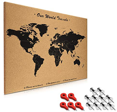 Navaris Kork Pinwand Weltkarte Tafel - 70x50cm Pin Board Korkwand mit Stecknadeln Fahnen Montageset - Pinnwand Memoboard Korktafel
