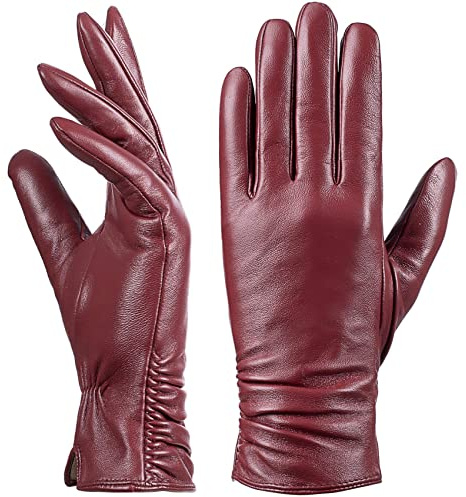 Damen Winter-Lederhandschuhe mit Touchscreen Text, warmes Lammfell, 100% reines echtes Leder (Rot, M)