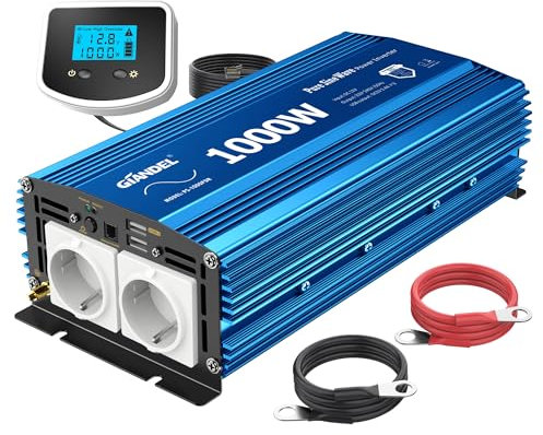 GIANDEL 1000W Wechselrichter Reiner Sinus 12V auf 230V KFZ Spannungswandler Power Inverter mit LCD-Bildschirm-Fernbedienung und 2 USB Anschlüsse für Wohnmobil LKW Auto