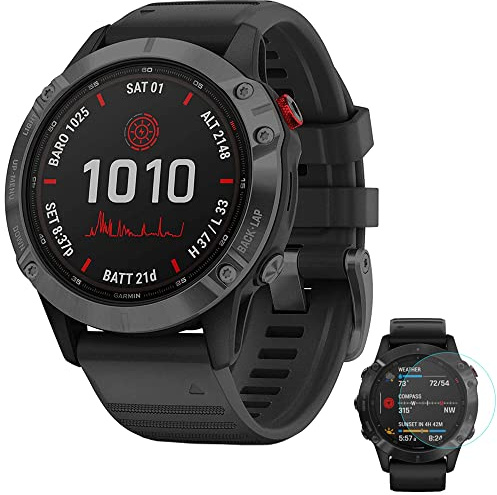 Garmin 010-02410-14 Fenix 6 Pro Solar Multisport GPS Smartwatch Slate Gray with Black Band Bundle with Fenix 6 Screen Protector