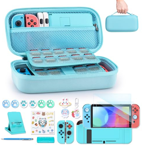 Switch Tasche für NS Switch - innoAura 18 in 1 Switch Zubehör mit Switch Hülle, Switch Hülle, Switch Spiele Aufbewahrung, Switch Schutzfolie, Switch Ständer, Switch Joystick Kappen (Blau)