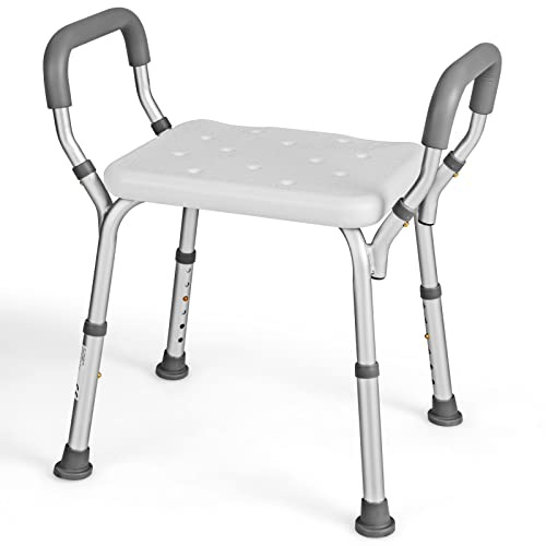 Multigot Shower Stool, 6 Heights Adjustable Bath Bench with Padded Armrests, Drainage Holes and Non-Slip Foot Pads, Bathroom Shower Chair for Elderly and Disabled