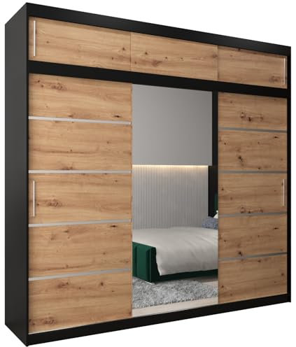 MEBLE KRYSPOL Kleiderschrank mit Spiegel Verona 2 - Garderobenschrank - Schrank Schlafzimmer - Mehrzweckschrank DREI Schiebetüren - Regalen - Flur Möbel - Kleiderstange Schrank - Allzweckschrank