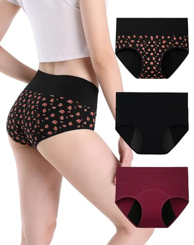 INNERSY Period Pants High Waisted Menstrual Underwear Maternity Knickers after Birth Pack of 3 (16, Rose/Burgundy/Black)