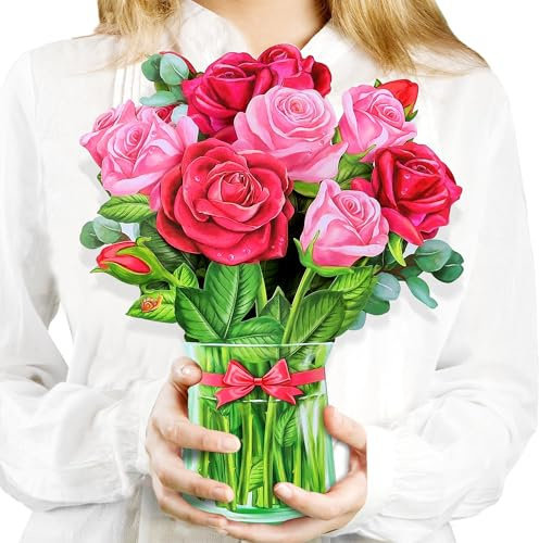 Airpark Mothers Day Gifts Card, 3D Pop Up Paper Flowers Bouquet 12’‘ with Note & Envelope, Birthday, Get Well, Teacher Appreciation Gifts, Anniversary, Wedding Gifts Cards for Women Wife Mom, Red Rose