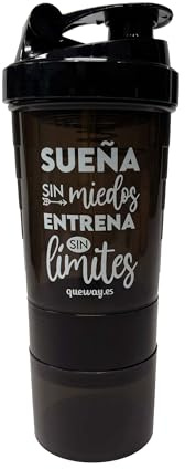QUE WAY.ES Vaso mezclador Shaker de proteínas | Apartado para cápsulas | Coctelera de proteínas y batidos détox, vitamínicos o dietéticos | Cierre con tapa | Color Blanco/negro (Negro)