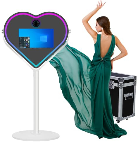 Cabine photo reflex numérique, miroir magique portable pour appareil photo, miroir en forme de cœur, écran tactile, cabine photo de 54,6 cm pour fêtes, location de mariage (blanc + étui de vol)