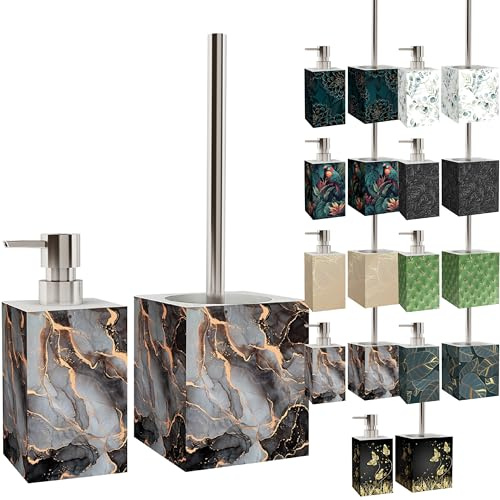 Sanilo Set di accessori per il bagno, dispenser di sapone e scopino WC, materiale di alta qualita, che attira l'attenzione in ogni bagno (Marmo Astratto)
