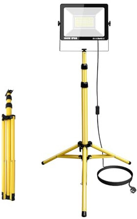 YOJZMA 100W LED Faretto da cantiere con treppiede, 10000LM 175V a 265V IP66 Impermeabile Lampada da lavoro a LED per interni ed esterni con cavo da 5 m per officina, garage, cantiere, seminterrato