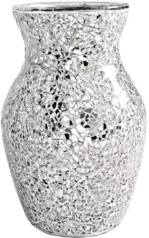CAKEEYUM Mosaic Vase, Mirrored Crackle Glass Vase, 7.9 Inch Silver Vases for Centerpieces, Non Slip Decorative for Home Office Wedding Party Table Decor