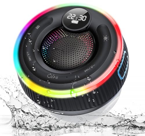 TECKNET Bluetooth Shower Speaker, Portable Wireless Shower Speaker IPX7 Waterproof with 360° Stereo Sound, RGB & LED Time Display,Suction Cup & Built‑in Mic,Ideal for Bathroom,Outdoor & Travel
