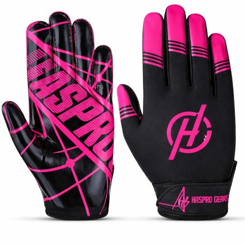 HASPRO Youth & Adult Football Gloves – Sticky Silicone Grip Receiver Gloves with Adjustable Strap, 4 Way Stretch – Lightweight Game Gloves for Boys & Girls