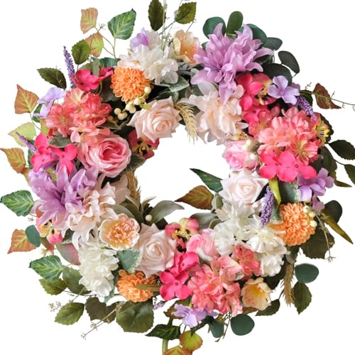 CIR OASES 22-inch Pink Front Door Wreath Spring Artificial Rose Wreath Spring Summer Front Door Hallway Indoor Outdoor Decoration Festive Wedding Decoration