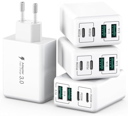 Lot de 4 chargeurs USB C 40 W Multiples, chargeurs Rapides PD3.0 connecteur Type C, Adaptateur Secteur pour téléphone Portable, Chargeur Mural Compatible avec iPhone 16/15/14/13/12/Galaxy S24/S23/S22