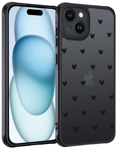 TUUTPU Handyhülle für iPhone 15 Hülle, Aesthetic Motiv Herz Muster Design Matt Transluzente Schlanke Hart Case Kratzfeste PC Rückseite + TPU Bumper Stoßfest Schutzhülle, Schwarz