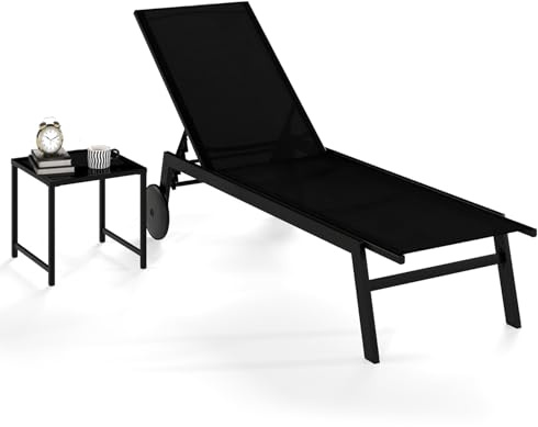COSTWAY Sonnenliege mit Rollen und Tisch, Gartenliege bis 150 kg belastbar | Verstellbare Rückenlehne, schnelltrocknendes Gewebe, Rollliege, Liegestuhl für Garten, Terrasse, Schwarz