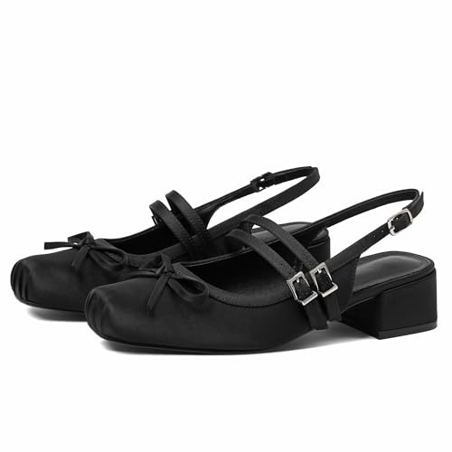 Atsroel Mary Jane for Women Slingback Pumps Ballet Chunky Heel Closed Square Toe Pumps Satin Wedding Shoes Party Low Block Heel Bow Office Work Shoes