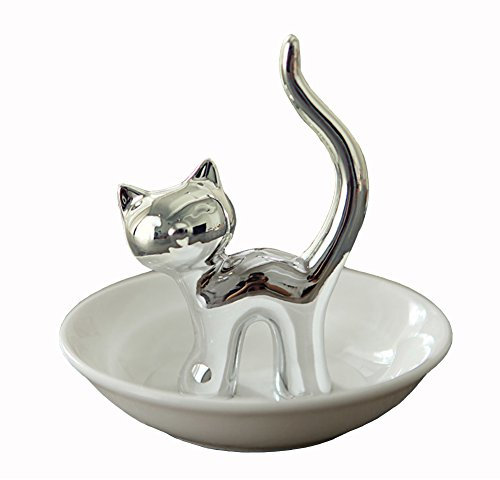 WAYER Katze ringhalter, Schmuck Ring Halter Ring behälter Kupferring-Inhaber Keramikplatten Adorable Katze Badezimmer Schmuck behälter-Silber 10x10.5cm(4x4inch)