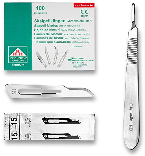 May Skalpell Set - 100 Sterile Skalpellklingen Figur 15 aus Karbonstahl, einzeln verpackt - Inkl. Edelstahl Skalpellhalter Nr. 3 - Präzisions Einwegklingen für Basteln, Modellbau & Fußpflege | Großes Profiwerkzeug für Handwerk und Kosmetik. Extrem scharf und langlebig.