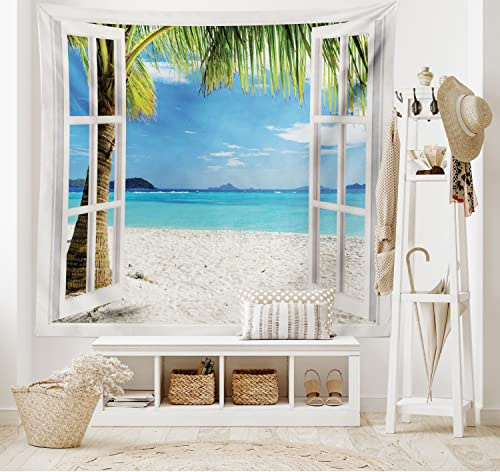 ABAKUHAUS Tropisch Wandteppich und Tagesdecke, Tropical Beach Palmen aus Weiches Mikrofaser Stoff Waschbar ohne Verblassen Digitaldruck, 230 x 140 cm,Grün Weiß Blau