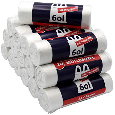 320 sacchetti della spazzatura con maniglia, 60 litri, 20 pezzi per rotolo, antistrappo e a prova di liquido, prodotto e imballaggio riciclabili (confezione da 16)
